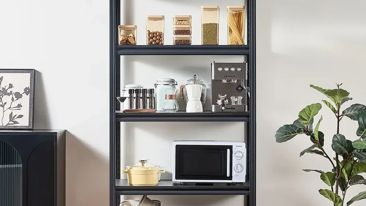 5-tier metal storage shelving organized with kitchen and pantry items