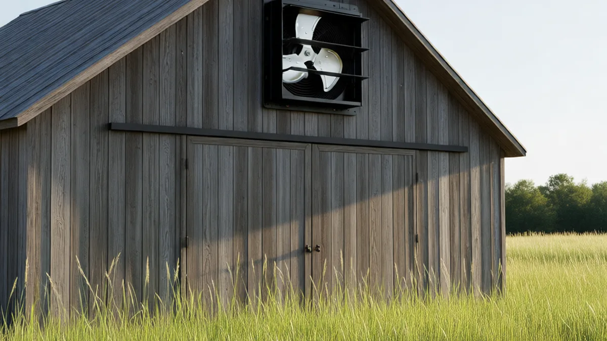 VEVOR 10 inch shutter exhaust fan mounted on the gable wall of a barn for workshop ventilation