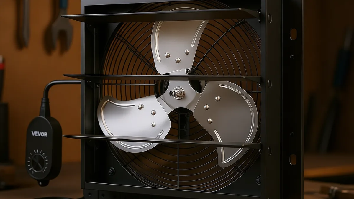 VEVOR shutter exhaust fan with louvers open in a workshop for airflow comparison