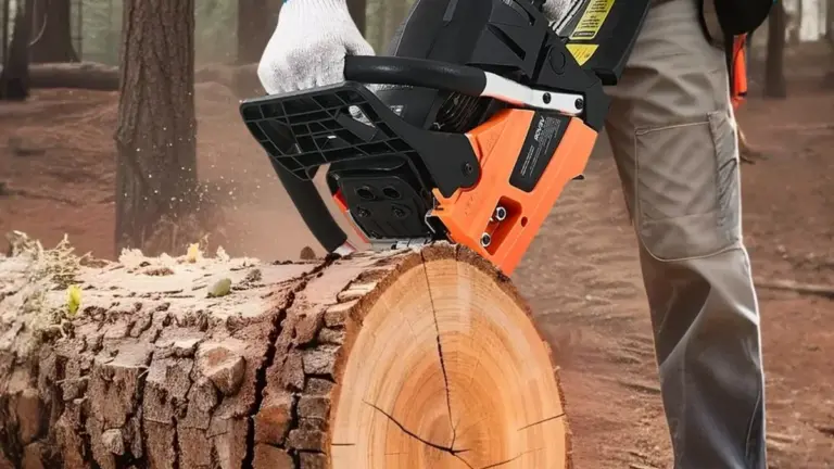 person cutting a log with a VEVOR 20 inch 62cc gas chainsaw