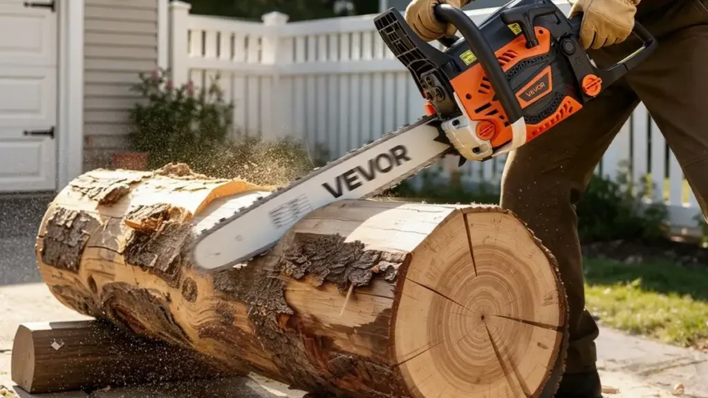VEVOR gas chainsaw cutting a large log in a backyard with sawdust flying