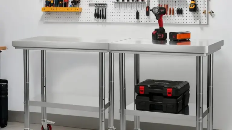 Stainless steel work tables with tools organized in a workshop