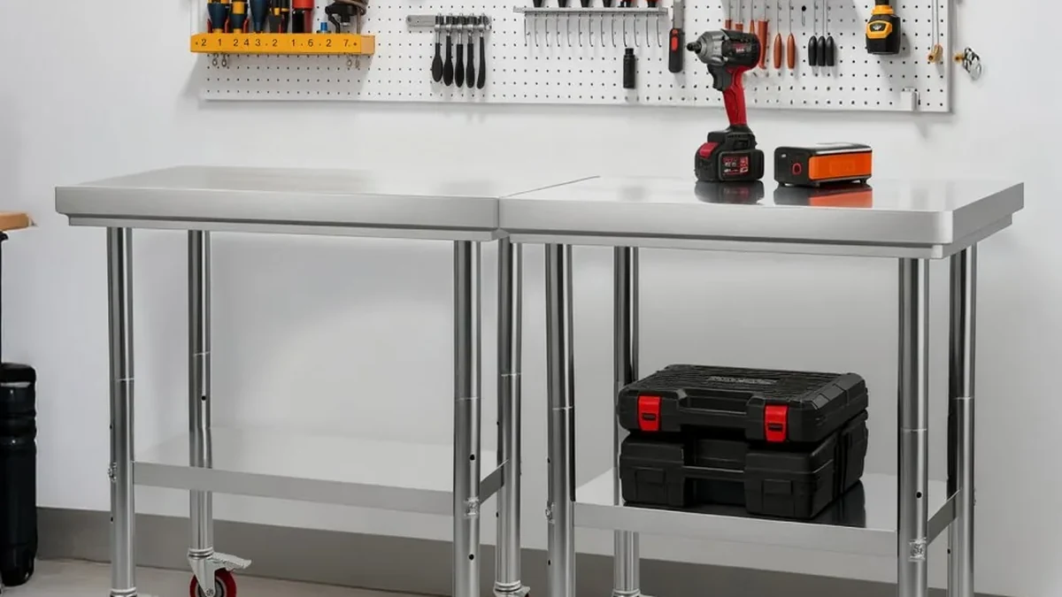 Stainless steel work tables with tools organized in a workshop