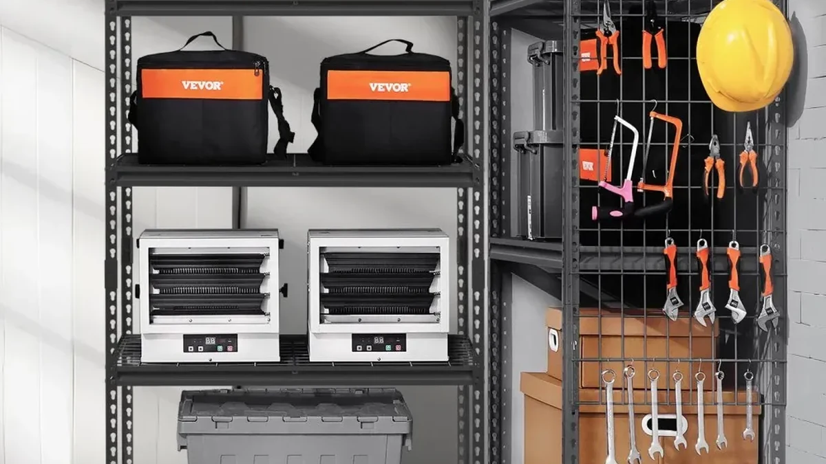 Heavy-duty metal garage shelving unit organizing tools and equipment