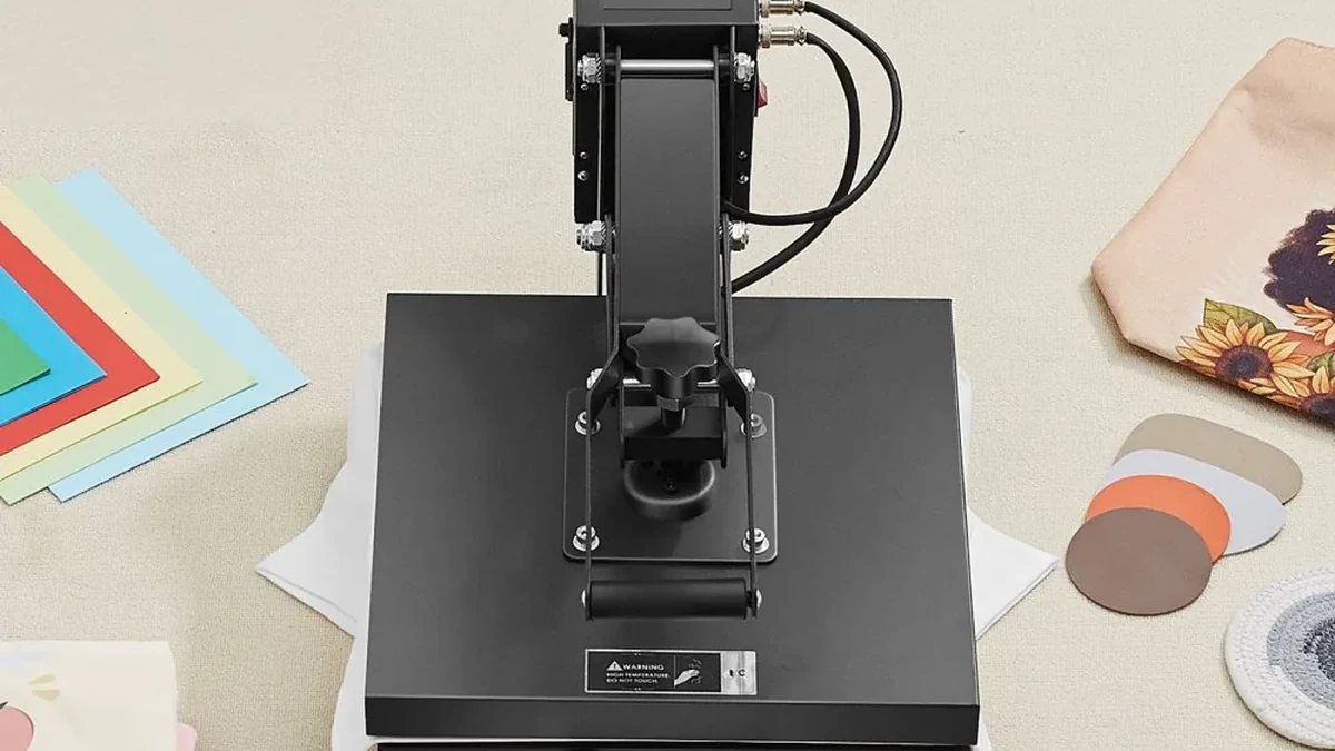 VEVOR 15x15 heat press machine set up with crafting supplies
