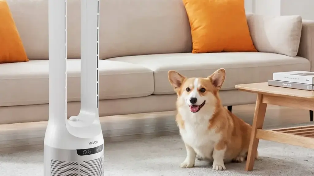 VEVOR bladeless tower fan cooling a living room with a corgi nearby
