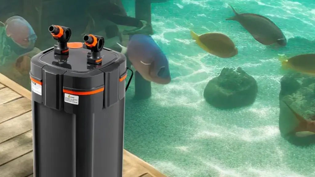 VEVOR aquarium canister filter beside a fish tank