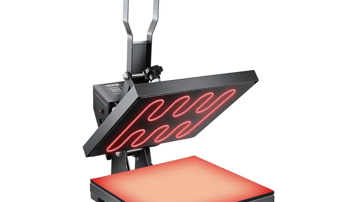VEVOR heat press machine with platen open and heating elements glowing