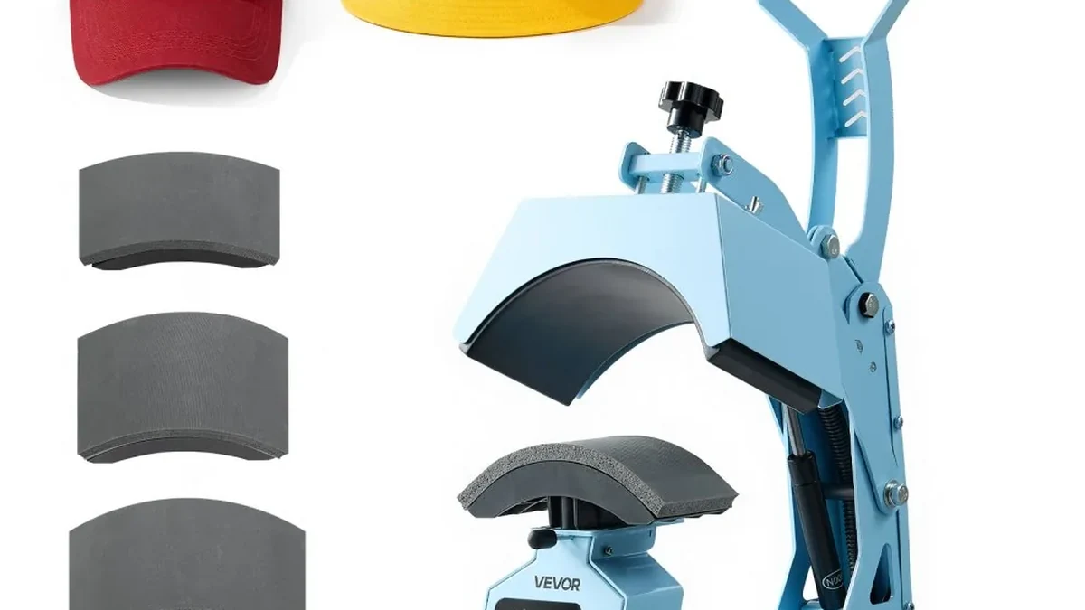 VEVOR hat heat press machine with hat platens and a red cap