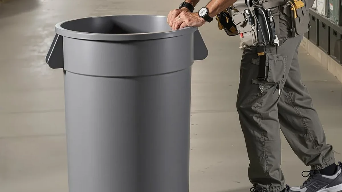 Pushing a large utility bin on a wheeled dolly
