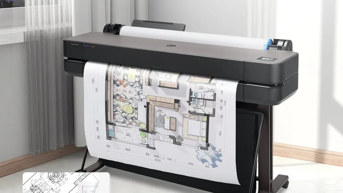 Large-format plotter printing an architectural floor plan