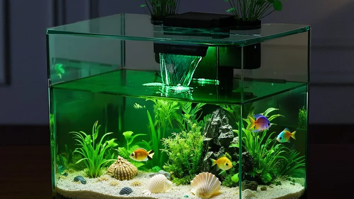 Small aquarium with waterfall filter and colorful fish