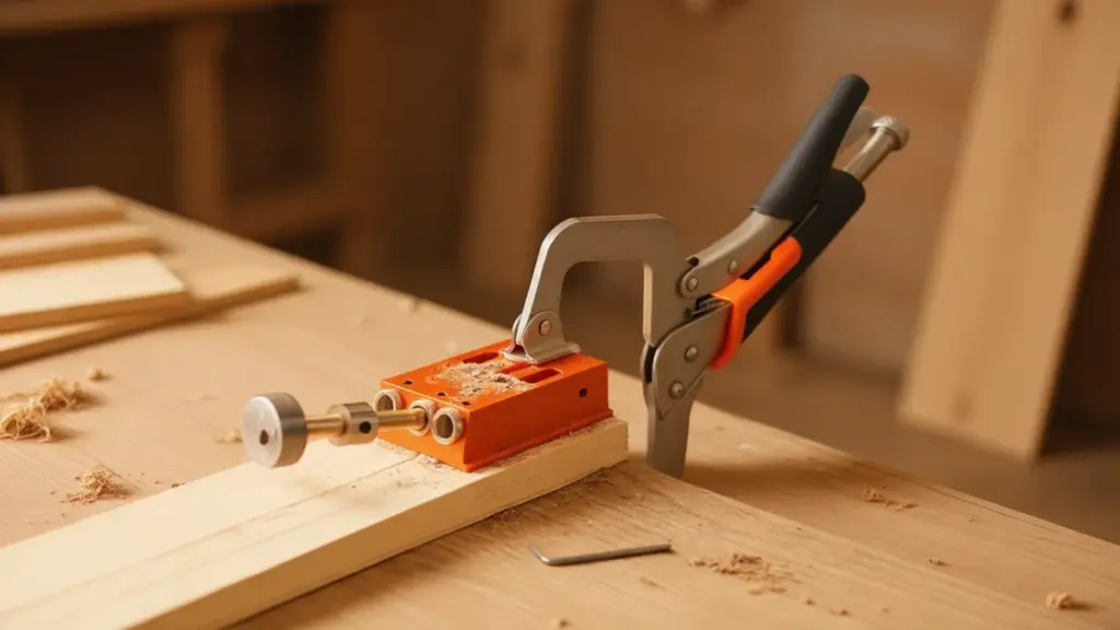 VEVOR pocket hole jig kit C-clamp guide drilling angled pocket holes in a wooden board on a workbench