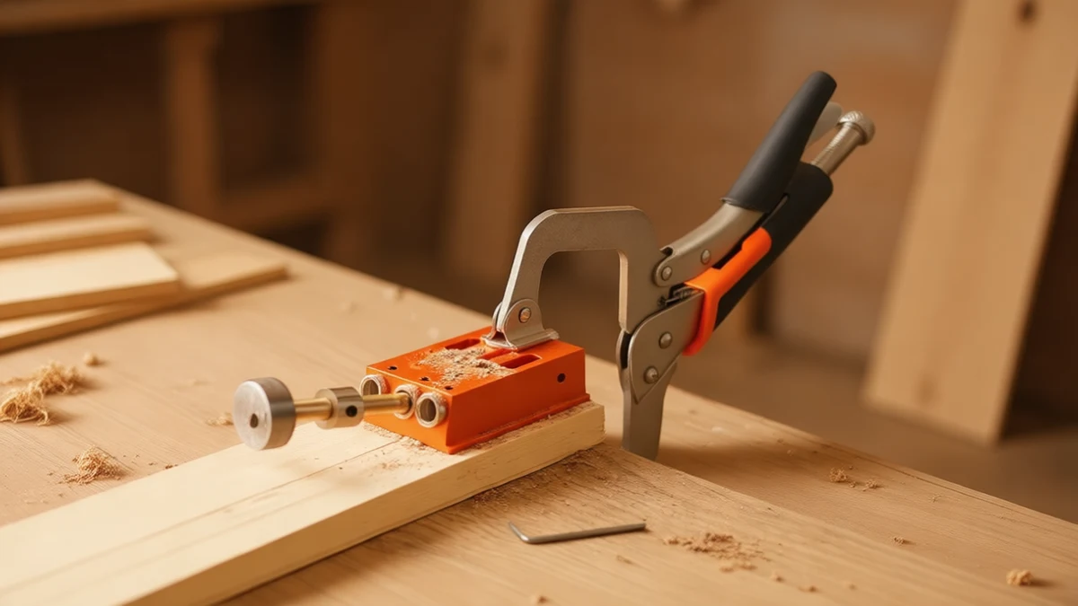 VEVOR pocket hole jig kit C-clamp guide drilling angled pocket holes in a wooden board on a workbench