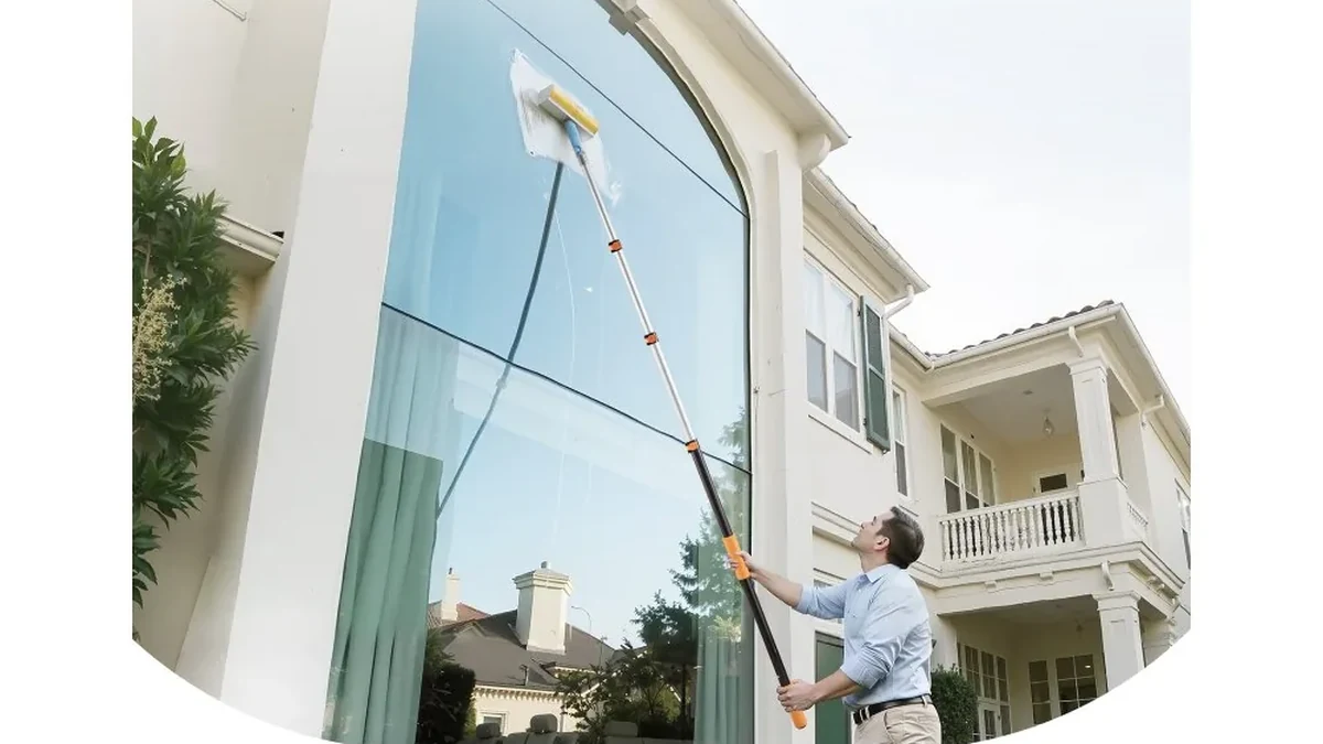 Using an adjustable extension pole to clean a high window