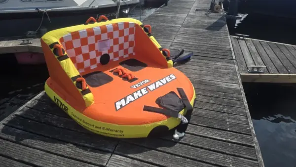 Customer photo 1 of <span class="sdh-h1" data-short="VEVOR Towable Tube 510 lbs 3 Riders D-Type Bumper Fins">VEVOR Towable Tube for Boating, 1-3 Riders Inflatable Towable Tube with Bumper Fins, 510 lbs Water Sport Towable Tubes for Boats to Pull, Full Nylon Cover, EVA Grab Handles and Speed Safety Valve</span>