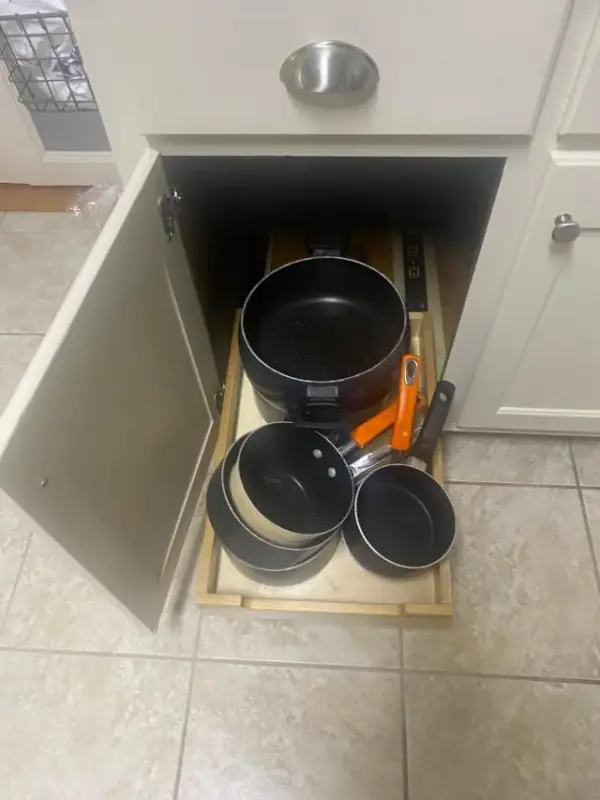 Customer photo 2 of <span class="sdh-h1" data-short="VEVOR Pull Out Cabinet Organizer 1 Tier 14 x 21 in">VEVOR Pull Out Cabinet Organizer, 14″W x 21″D Cabinet Drawer, Soft Close Slide out Shelf, Heavy-Duty Sliding Wood Drawer, Bottom and Side Assembly Base Cabinet Organization for Kitchen Pantry Bathroom</span>