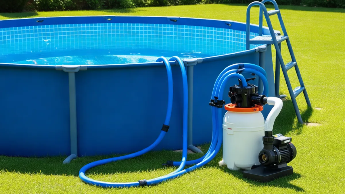 VEVOR sand filter pump connected beside an above ground pool with blue hoses