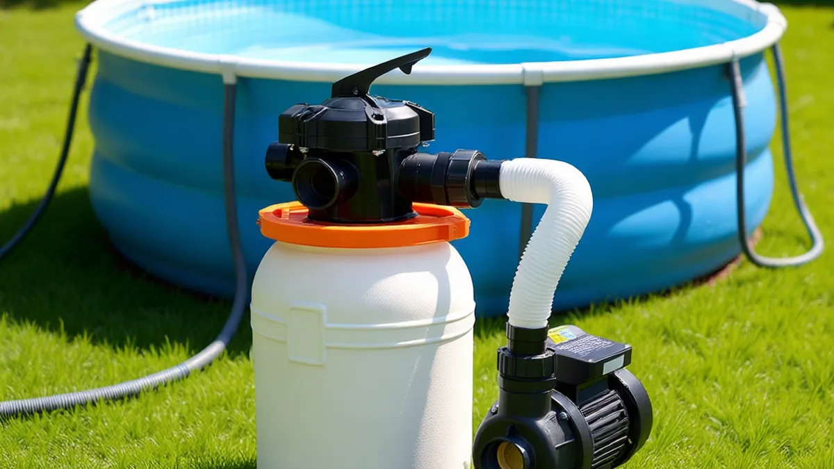 VEVOR sand filter pump beside an oval above ground pool with hoses connected