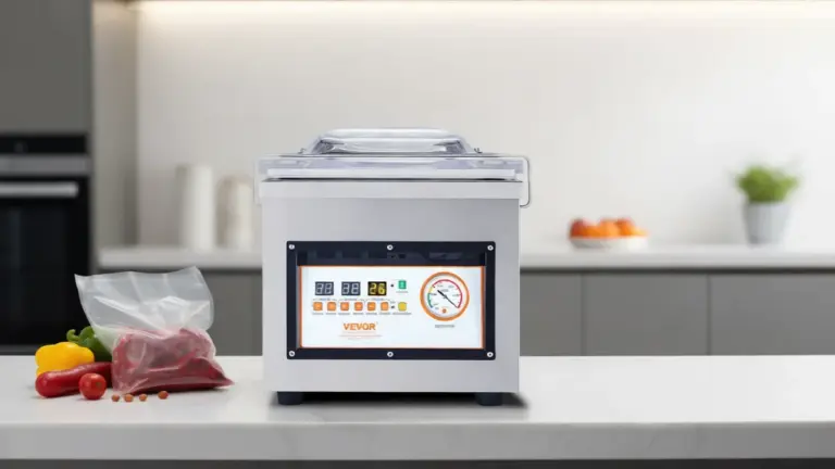VEVOR chamber vacuum sealer with transparent lid vacuum packing food bags on a home kitchen counter