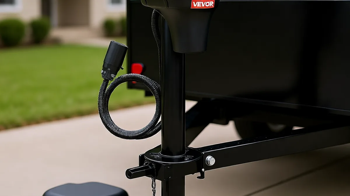 VEVOR 3500 lbs electric trailer jack mounted on the A-frame tongue of a travel trailer