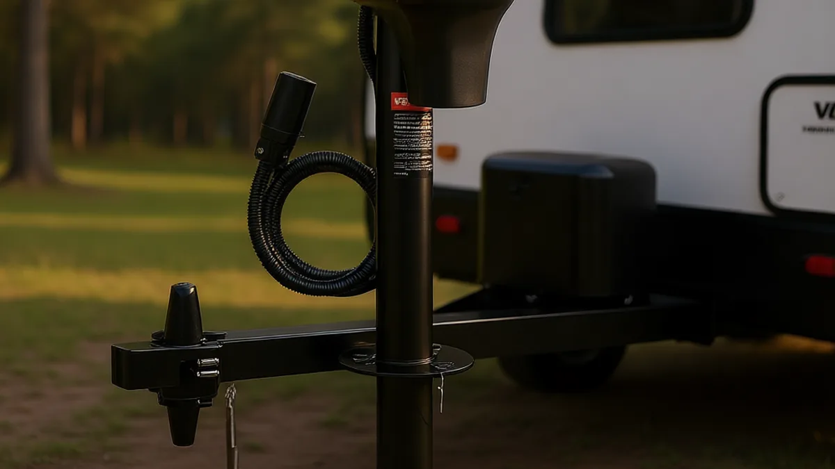 VEVOR electric trailer jack extended to level a travel trailer at a campsite