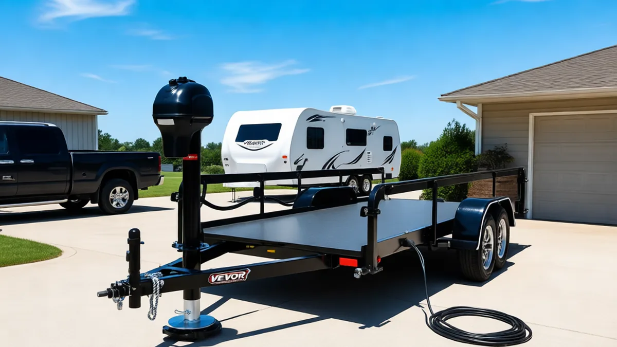 VEVOR 3500 lbs electric trailer jack installed on the A-frame tongue of a travel trailer