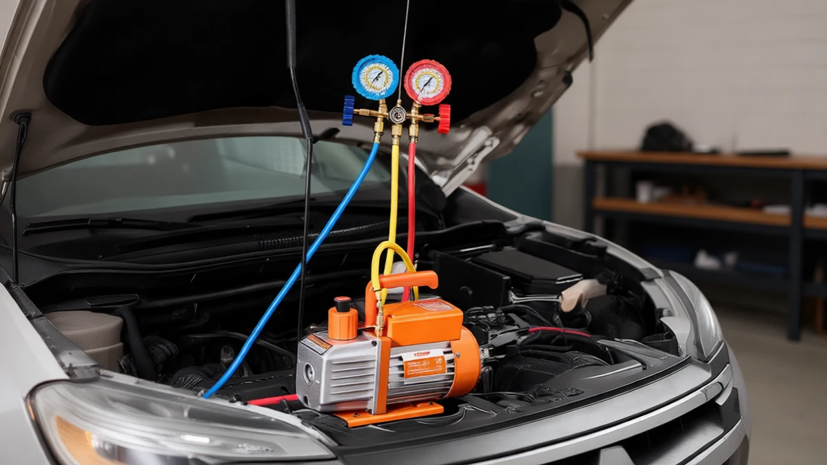 VEVOR 3.5 CFM AC vacuum pump and manifold gauge set evacuating a car air conditioning system