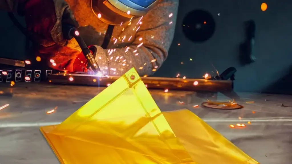 welder with torch and sparks behind a yellow VEVOR welding screen in a workshop