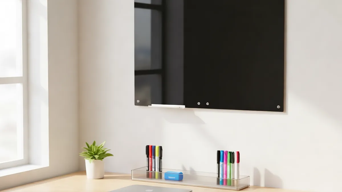 VEVOR frameless glass dry erase whiteboard mounted above a desk in a bright home office