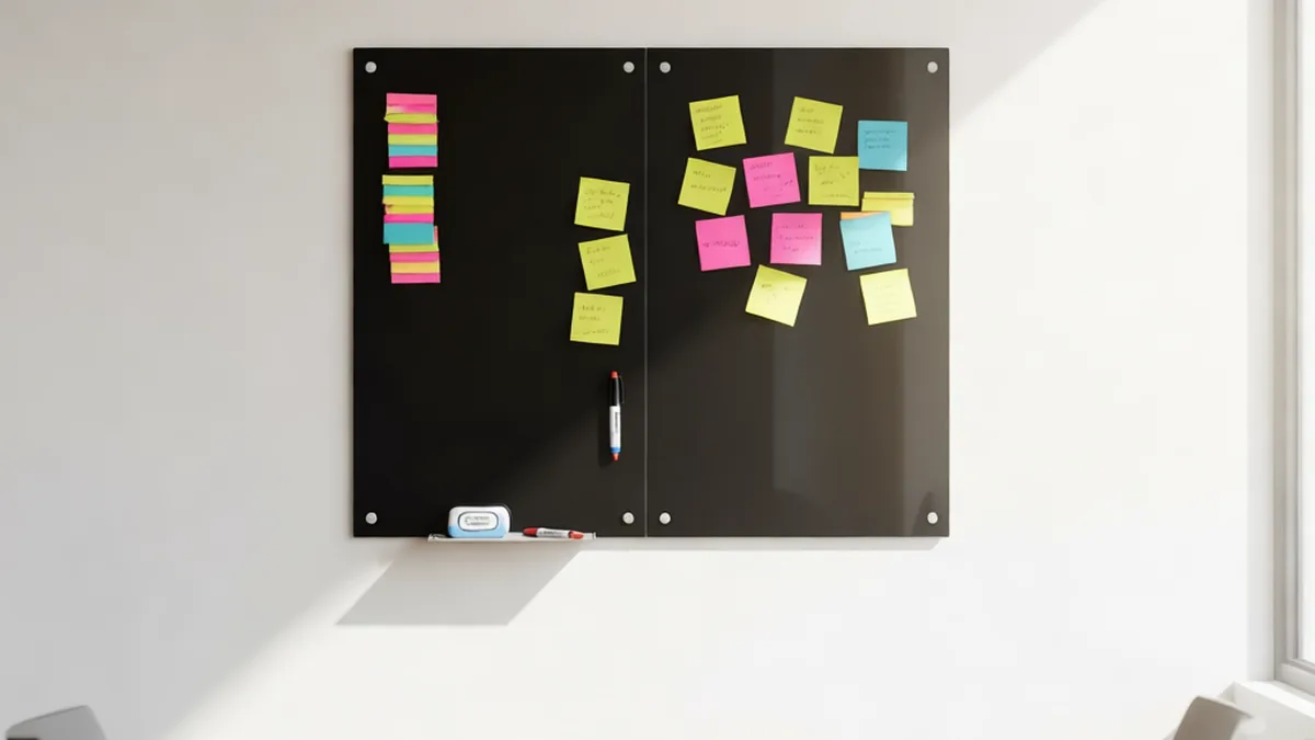 VEVOR glass dry erase whiteboard with sticky notes and magnets in a meeting room